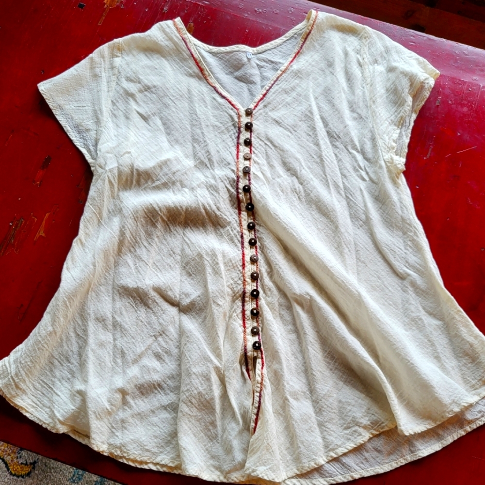 Hand-Embroidered 100% Cotton Lightweight Tunic Button Short Sleeve Blouse Boho